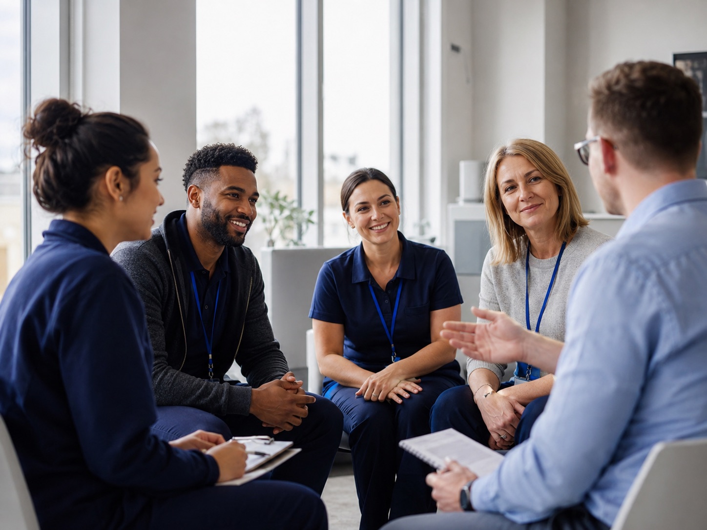 A group of support workers sitting together in a team meeting.