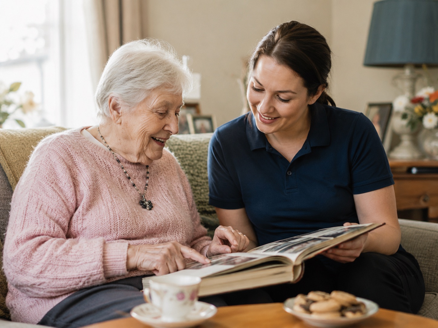 A support worker and an older woman looking through a photo album together at home, with tea on the table.