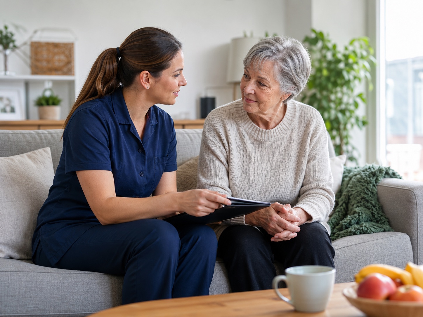 A support worker sitting with an older woman at home.