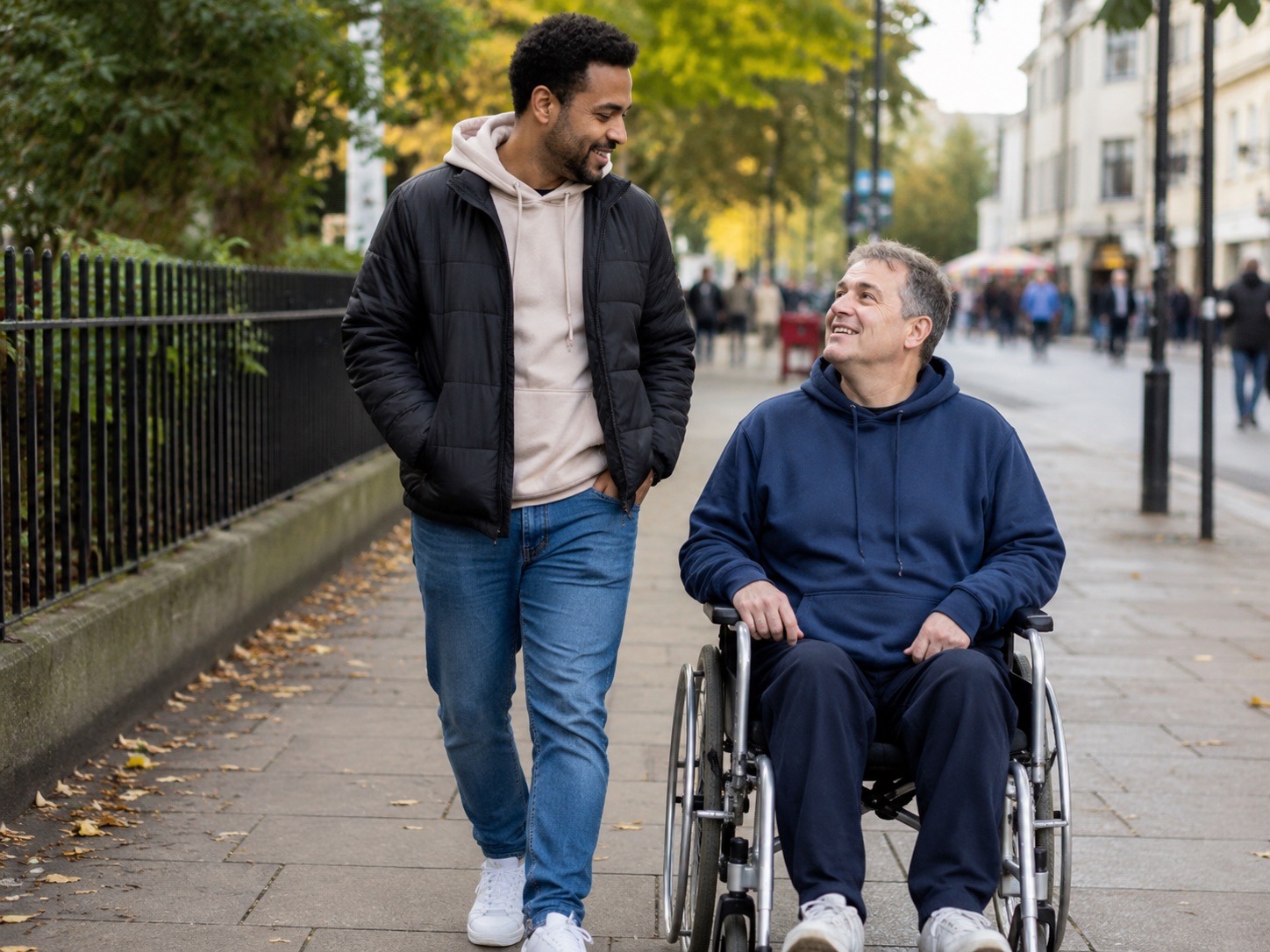 A support worker walking outdoors alongside a man using a wheelchair.